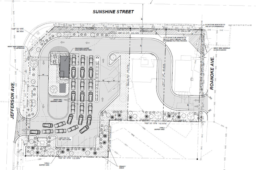 A site plan shows how traffic would be routed at the proposed 7 Brew Coffee at Sunshine Street and Jefferson Avenue. 
